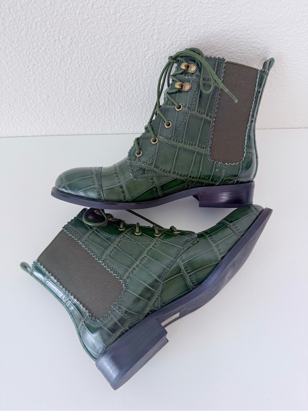 Jeffrey Campbell Junction Great Moments Green Croc Embossed Leather Boots Size 6 - Picture 6 of 13